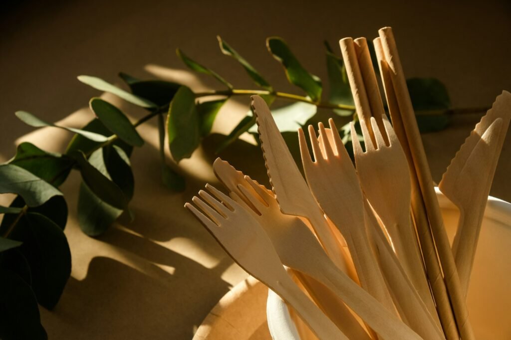 Disposable biodegradable wooden eating utensil.